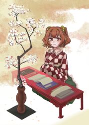 Rule 34 | 1girl, bell, book, checkered clothes, checkered kimono, closed mouth, commentary request, frilled shirt collar, frilled skirt, frills, green skirt, hair bell, hair ornament, hands in opposite sleeves, highres, japanese clothes, jingle bell, kimono, long sleeves, motoori kosuzu, orange eyes, orange hair, plant, pleated skirt, potted plant, red kimono, seiza, shirt, short hair, silent siren, sitting, skirt, smile, solo, table, touhou, tree, two side up, undershirt, white kimono, white shirt, wide sleeves