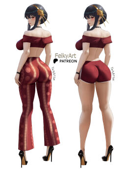 1girl ass bare_shoulders bell-bottoms black_hair blush breasts commentary dress earrings english_commentary english_text feikyart flower forbidden_pants full_body gold_hairband hair_flower hair_ornament hairband high_heels highres holding huge_ass impossible_clothes impossible_pants jewelry large_breasts long_hair looking_at_viewer looking_back pants print_pants red_eyes red_pants red_shorts shorts sideboob sidelocks simple_background smile solo spy_x_family stiletto_heels thick_thighs thighs white_background yor_briar