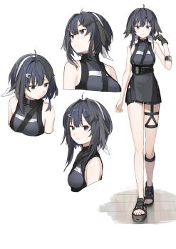 1girl ahoge arknights bare_shoulders black_eyes black_hair black_shorts breasts commentary expressionless feather_hair full_body hair_ribbon hairband highres la_pluma_(arknights) looking_at_viewer marokan_(mali3643) multiple_views ribbon sandals short_hair shorts simple_background sleeveless smile standing white_background white_hairband white_ribbon