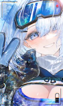 Rule 34 | 1girl, animal ears, arknights, arknights: endfield, aurora (arknights), battery indicator, bear ears, bear girl, black jacket, blue-tinted eyewear, blue eyes, blue gloves, blue sports bra, blush, breasts, cleavage, extra ears, gloves, goggles, goggles on head, hair between eyes, hair over one eye, highres, jacket, large breasts, looking at viewer, recording, short hair, shrug (clothing), ski goggles, smile, snowshine (arknights), solo, sports bra, tinted eyewear, upper body, viewfinder, white hair, zain (jiha3905)