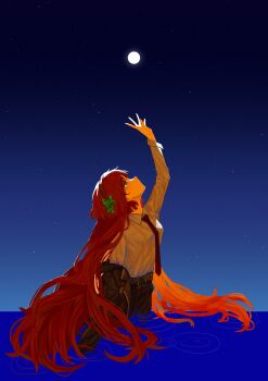 Rule 34 | absurdres, bow, business suit, feng ban, formal clothes, hair bow, highres, jacket, moon, necktie, night, ocean, orange eyes, red hair, red necktie, suit, vivian james