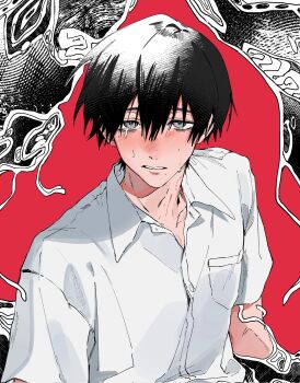 1boy bite_mark bite_mark_on_neck black_hair chinese_commentary collared_shirt commentary_request grey_eyes hair_between_eyes highres hikaru_ga_shinda_natsu looking_at_viewer male_focus meiko623 mole mole_on_cheek mole_on_neck mole_under_eye mole_under_mouth multiple_moles red_background shirt short_hair short_sleeves simple_background solo sweat tears tsujinaka_yoshiki upper_body white_shirt