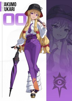 1girl absurdres alternate_costume alternate_headwear belt black_hat blonde_hair bow character_name closed_umbrella clothing_cutout collared_shirt commentary english_commentary folded_fan folding_fan full_body grin hair_bow hand_fan hat headwear_request highres holding holding_fan holding_umbrella icewind0223 long_hair long_sleeves looking_at_viewer multiple_hair_bows necktie pants purple_belt purple_necktie purple_pants red_bow red_nails shirt shoes shoulder_cutout smile touhou umbrella very_long_hair white_shirt yakumo_yukari zoom_layer