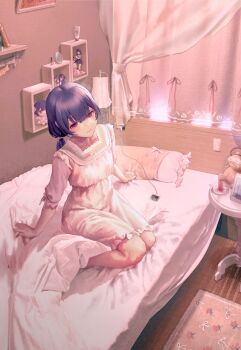 Rule 34 | 1girl, bed, bedroom, black hair, center-flap bangs, closed mouth, commentary, curtains, double-parted bangs, figure, full body, highres, idolmaster, idolmaster shiny colors, indoors, looking at viewer, low ponytail, medium hair, merchandise, morino rinze, on bed, pajamas, parted hair, ponytail, red eyes, shikuwata, sitting, smile, solo, straw doll, three-quarter sleeves, white pajamas, yokozuwari