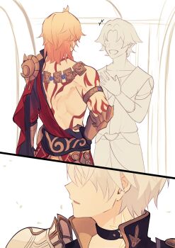 Rule 34 | 2boys, antenna hair, arm tattoo, armlet, armor, back tattoo, black choker, black coat, black shirt, blonde hair, braid, choker, clawed gauntlets, coat, commentary request, gold necklace, gradient hair, highres, honkai: star rail, honkai (series), jewelry, male focus, medium hair, multicolored hair, multiple boys, mydei (honkai: star rail), neck tattoo, necklace, open clothes, open coat, pauldrons, phainon (honkai: star rail), red hair, red tattoo, shirt, short hair, shoulder armor, side braid, single pauldron, sn grr 0z, sun symbol, sun tattoo, tan, tattoo, white coat, white hair