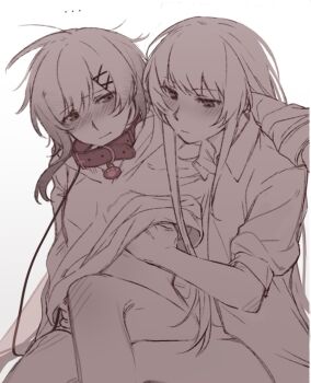 ... 2girls arm_around_neck bdsm blush closed_mouth clothes_lift collar collared_shirt femdom grabbing_another's_breast grabbing_from_behind groping heihuamu1 leash long_hair mahou_shoujo_no_majo_saiban monochrome multiple_girls nikaido_hiro sakuraba_ema shirt shirt_lift sitting sitting_on_lap sitting_on_person slave yuri