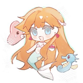 1girl :d bikini bikini_top_only blue_eyes blush chibi choker earrings eyelashes full_body gen_1_pokemon gen_3_pokemon holding holding_poke_ball horsea jewelry long_hair looking_at_viewer luvdisc mermaid mermaid_misty_(pokemon) misty_(pokemon) monster_girl monsterification navel necklace nintendo open_mouth orange_hair pink_bikini poke_ball poke_ball_(basic) pokemon pokemon_(anime) pokemon_(classic_anime) pokemon_(creature) pokemon_rgby shell shell_bikini sidelocks simple_background smile swimsuit very_long_hair white_background