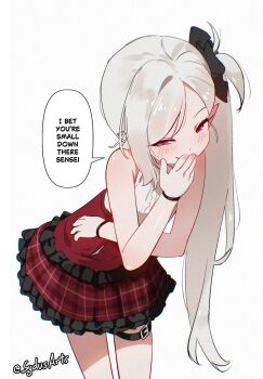 Rule 34 | 1girl, black flower, black scrunchie, blue archive, commentary, covering own mouth, flower, grey hair, halo, highres, mesugaki, mutsuki (blue archive), plaid clothes, plaid skirt, pointy ears, purple eyes, red halo, scrunchie, shirt, side ponytail, skirt, sleeveless, sleeveless shirt, smug, solo, sydus, untranslatable commentary, white background, white shirt