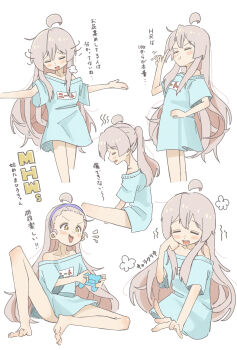 1girl absurdres ahoge bare_legs barefoot blue_shirt blush_stickers brown_eyes closed_eyes commentary controller feet grey_hair hairband hand_on_own_hip highres holding holding_controller index_finger_raised long_hair monster_hunter_(series) monster_hunter_wilds multiple_views no_pants off_shoulder onii-chan_wa_oshimai! outstretched_arms oversized_clothes oversized_shirt oyama_mahiro puff_of_air purple_hairband shirt simple_background spread_arms t-shirt toes translation_request twintails very_long_hair white_background yuzuponzup