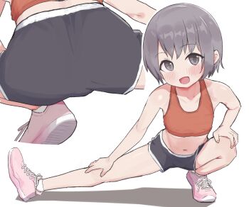 1girl :d ass black_shorts blush commentary_request dolphin_shorts flat_chest grey_eyes grey_hair highres idolmaster idolmaster_cinderella_girls kok looking_at_viewer multiple_views navel open_mouth otokura_yuuki partial_commentary pink_shoes red_sports_bra shoes short_hair short_shorts shorts simple_background smile socks sports_bra squatting variant_set white_background white_socks