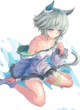 1girl animal_ears bare_shoulders blue_eyes blush breasts choker closed_mouth collarbone commentary_request dress ear_covers flower green_sailor_collar grey_hair hair_between_eyes hair_flower hair_ornament hairclip horse_ears horse_girl horse_tail long_sleeves sailor_collar seiun_sky_(reeling_in_the_big_one)_(umamusume) seiun_sky_(umamusume) shoes short_hair single_ear_cover sitting small_breasts solo sunflower sunflower_hair_ornament tail thigh_strap umamusume wariza white_dress yanagi_wakana yellow_choker