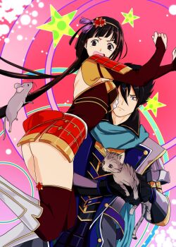 animal armor between_breasts black_hair boots breasts brown_eyes cat cleavage face_between_breasts head_between_breasts highres holding holding_animal ii_naotora jumping large_breasts long_hair mouse pursed_lips red_thighhighs scared scarf sengoku_musou tearing_up thighhighs thighs todo_takatora_(sengoku_musou) twintails