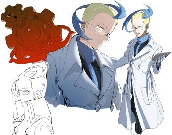 Rule 34 | 1boy, ahoge, blonde hair, closed mouth, colress (pokemon), commentary request, gen 5 pokemon, glasses, gloves, highres, holding, holding tablet pc, inpo427, klinklang, lab coat, looking at viewer, male focus, multiple views, nintendo, open mouth, pokemon, pokemon (creature), pokemon bw2, sideburns, smile, tablet pc, white background, white gloves