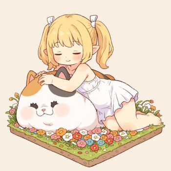 1girl barefoot blonde_hair cat closed_eyes commentary dress english_commentary final_fantasy final_fantasy_xiv flower lalafell onyhakase pointy_ears revision short_hair simple_background smile solo sundress toes twintails white_dress