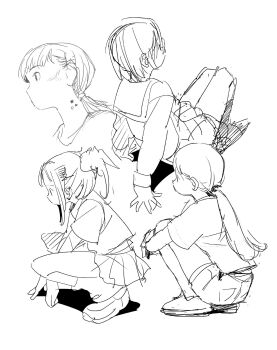 1girl 4girls commentary_request greyscale hair_ornament highres kneehighs long_hair long_sleeves monochrome multiple_girls onoconokoko0625 original pleated_skirt ponytail sailor_collar school_uniform serafuku short_ponytail sketch skirt socks squatting