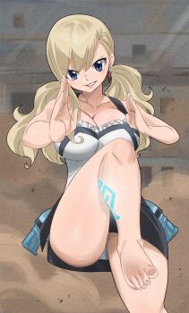 1girl barefoot blonde_hair blue_eyes breasts cleavage collarbone earrings eden&#039;s_zero gaston18 highres jewelry large_breasts long_hair looking_at_viewer parted_lips rebecca_bluegarden skirt solo twintails
