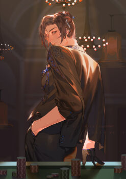 1girl black_gloves brown_eyes brown_hair casino chinese_clothes closed_mouth code:_kite commentary_request curtained_hair flag_(99199861) gloves guanglingwang hair_ornament hanfu highres long_hair long_sleeves looking_at_viewer parted_bangs poker_chip poker_table robe table upper_body wide_sleeves