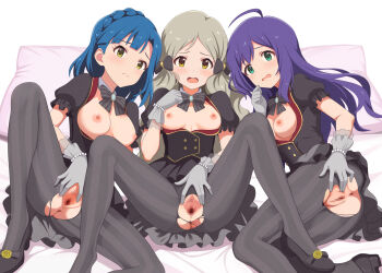 3girls anus baji_toufuu_(bajitohfu) black_corset black_skirt blue_hair blush breasts breasts_out censored character_request check_character corset embarrassed gloves green_eyes grey_gloves grey_hair handa_roco highres idol_clothes idolmaster large_breasts long_hair looking_at_viewer lying medium_breasts medium_hair mochizuki_anna mosaic_censoring multiple_girls nanao_yuriko nipples on_side open_clothes open_mouth pillow presenting_pussy purple_hair pussy simple_background skirt small_breasts spread_legs striped_clothes striped_thighhighs thighhighs twintails vertical-striped_clothes vertical-striped_thighhighs white_background yellow_eyes