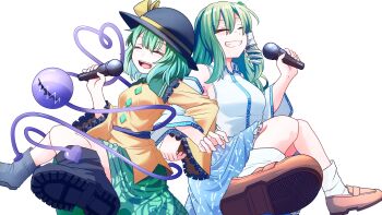 2girls :d black_boots blue_petals blue_skirt blurry blush boots bright_pupils brown_shoes buttons closed_eyes collared_shirt commentary_request depth_of_field detached_sleeves diamond_button floral_print floral_print_skirt frilled_shirt_collar frilled_skirt frills frog_hair_ornament green_hair green_skirt grin hair_ornament highres holding holding_microphone knees kochiya_sanae komeiji_koishi locked_arms long_hair long_sleeves medium_hair microphone multiple_girls open_mouth print_skirt purple_background shirt shoes skirt smile snake_hair_ornament socks suirium0723 teeth third_eye touhou transparent_background upper_teeth_only white_pupils white_shirt white_socks yellow_shirt