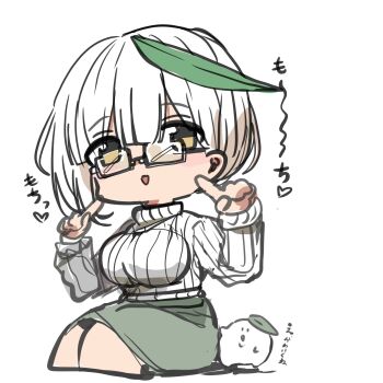 1girl :> artist_self-insert black-framed_eyewear breasts brown_eyes commentary_request cropped_legs glasses green_skirt hands_up highres kawamochi_(kawauti919) long_sleeves looking_at_viewer medium_breasts original parted_lips ribbed_sweater simple_background sketch skirt sweater translation_request triangle_mouth turtleneck turtleneck_sweater white_background white_hair white_sweater