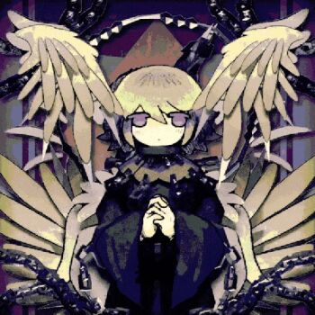 1other alleesaur animated animated_gif art_fight_attack chain feathers gift_art iron_halo looking_at_viewer original own_hands_together purple_eyes short_hair solo spinning_halo white_hair