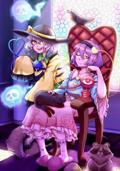 Rule 34 | 2girls, absurdres, bird, black hairband, black hat, blue shirt, bow, buttons, cat, chair, closed mouth, collared shirt, commentary, diamond button, eyeball, fire, flaming skull, floating skull, floral print, frilled shirt collar, frilled skirt, frilled sleeves, frills, green eyes, green skirt, grey hair, hair between eyes, hair ornament, hairband, hashtag-only commentary, hat, hat bow, heart, heart-shaped pupils, heart button, heart hair ornament, heart of string, highres, kaenbyou rin, kaenbyou rin (cat), komeiji koishi, komeiji satori, komodo dragon, long sleeves, looking at viewer, multiple girls, on chair, one eye closed, open mouth, pink skirt, pink slippers, print skirt, pujol art, purple eyes, purple hair, raccoon, reiuji utsuho, reiuji utsuho (bird), rose print, shirt, sitting, skirt, skull, sleeves past fingers, sleeves past wrists, slippers, smile, socks, symbol-shaped pupils, teeth, third eye, touhou, upper teeth only, white socks, wide sleeves, yellow bow, yellow shirt