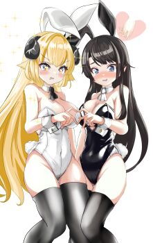 2girls @_@ absurdres alternate_costume animal_ears black_leotard black_thighhighs blonde_hair blue_eyes blush breasts brown_hair cleavage drooling fake_animal_ears fake_tail heart heart-shaped_pupils heart_hands heart_hands_duo highres hololive horns inokeiwd large_breasts leotard long_hair looking_at_viewer mouth_drool multiple_girls oozora_subaru open_mouth playboy_bunny purple_eyes rabbit_ears rabbit_tail sheep_ears sheep_girl sheep_horns symbol-shaped_pupils tail thighhighs tsunomaki_watame very_long_hair virtual_youtuber white_leotard white_wrist_cuffs wrist_cuffs