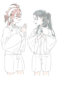 2girls absurdres aliya_mahvash asticassia_school_uniform black_hair blush closed_eyes commentary_request gundam gundam_suisei_no_majo hairband hands_up highres kusakayosituki1 long_hair multiple_girls parted_lips partially_colored ponytail school_uniform smile suletta_mercury thick_eyebrows