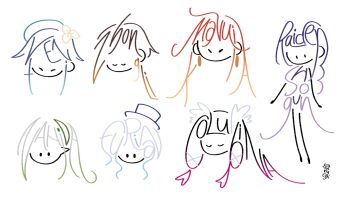 Rule 34 | 2boys, 5girls, artist name, black eyes, black hair, brown hair, calligram, character name, closed eyes, columbina (genshin impact), commentary request, cropped head, earnnysuh, flower, full body, furina (genshin impact), genshin impact, green hair, green hat, grey hair, hat, hat flower, highres, lineart, mavuika (genshin impact), multiple boys, multiple girls, nahida (genshin impact), orange hair, pink hair, purple hair, raiden shogun, red hair, short hair with long locks, solid oval eyes, thai commentary, top hat, venti (genshin impact), white flower, zhongli (genshin impact)