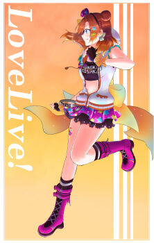 1girl absurdres black_gloves black_hairband black_skirt black_tube_top blue_eyes boots border bow braid character_name closed_mouth commentary diamond-shaped_earrings drawstring earrings fingerless_gloves floating_hair frilled_wristband from_side full_body gloves gradient_background hair_bow hair_bun hairband hand_up highres jacket jewelry kosaka_honoka kosaka_honoka_(cosmic_driver) layered_skirt looking_ahead love_live! love_live!_school_idol_festival_all_stars love_live!_school_idol_project medium_hair midriff miniskirt navel omaru_(star-puratina-jojo-0419) orange_hair orange_trim partially_open_jacket pink_boots pink_skirt profile short-sleeved_jacket short_sleeves side_braid skirt smile solo standing standing_on_one_leg star_(symbol) star_print sticker sticker_on_face sticker_on_hair sticker_on_leg strapless tongue tongue_out tube_top white_border white_jacket zipper