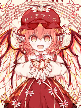 1girl absurdres animal animal_ears beamed_eighth_notes bird bird_ears bird_wings blush brown_dress brown_hat collared_shirt dress earrings eighth_note feathered_wings frilled_sleeves frills hair_between_eyes hat highres jewelry long_sleeves looking_at_viewer musical_note mystia_lorelei open_mouth pink_hair quarter_note ro.ro shirt short_hair sleeve_garter smile solo sparrow touhou white_shirt white_wings winged_hat wings yellow_eyes