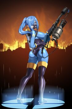 Rule 34 | 1girl, absurdres, ass, black boots, black gloves, blu pyro (tf2), blue bodysuit, blue eyes, blue hair, bodysuit, boots, breasts, canister, commission, fiery background, fire, flamethrower, full body, gas mask, genderswap, genderswap (otf), gloves, glowing, glowing floor, hair over one eye, highres, holding, holding flamethrower, holding weapon, impossible bodysuit, impossible clothes, large breasts, latex, latex bodysuit, lindaroze, long hair, looking at viewer, looking back, mask, night, outdoors, ponytail, pyro (tf2), second-party source, sky, solo, standing, team fortress 2, thigh boots, weapon