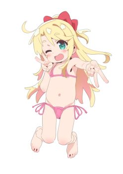 1girl absurdres ahoge barefoot bikini blonde_hair bow commentary_request double_v flat_chest full_body green_eyes gyaru_v hair_bow highres himesaka_noa loli long_hair looking_at_viewer navel one_eye_closed open_mouth pink_bikini red_bow saeki_tatsuya side-tie_bikini_bottom simple_background solo string_bikini swimsuit v watashi_ni_tenshi_ga_maiorita! white_background