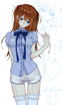 Rule 34 | 1girl, absurdres, antenna hair, arm behind back, blue bow, blue bowtie, blue eyes, blue shirt, blush, bow, bowtie, breasts, collared shirt, commentary, cowboy shot, double-parted bangs, expressionless, frilled shirt collar, frilled shorts, frilled sleeves, frilled thighhighs, frills, garter straps, hair between eyes, head tilt, highres, interface headset (evangelion), lineart, long hair, looking down, medium breasts, neon genesis evangelion, orange hair, pale skin, playing with own hair, puffy short sleeves, puffy sleeves, shirt, short shorts, short sleeves, shorts, sidelocks, solo, souryuu asuka langley, thighhighs, ueeeeeek, untranslatable commentary, white background, white shorts, white thighhighs, zettai ryouiki