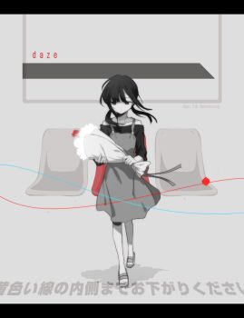 1girl aaniko anniversary asahina_hiyori blunt_bangs bouquet closed_mouth collarbone commentary_request cube days_(kagerou_project) daze_(kagerou_project) dress empty_eyes flower full_body grey_background greyscale highres kagerou_project letterboxed long_hair looking_ahead low_twintails monochrome off-shoulder_shirt off_shoulder pinafore_dress sad sandals shadow shirt simple_background sleeveless sleeveless_dress solo song_name spot_color string string_of_fate three-quarter_sleeves twintails walking