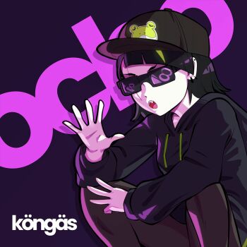 :o album_cover alternate_costume animal_print baseball_cap black-framed_eyewear black_hair black_hoodie brown_hat brown_pants commentary coqui_saporana cover dashi_hara drawstring drop_shadow ear_piercing earrings english_commentary frog_print green_hair hat hood hood_down hoodie jewelry long_sleeves multicolored_hair open_mouth pants piercing purple_background rectangular_eyewear rummy_&amp;_coqui scar scar_across_eye scar_on_face second-party_source sharp_teeth short_hair simple_background song_name squatting streaked_hair sunglasses teeth two-tone_hair upper_teeth_only virtual_youtuber