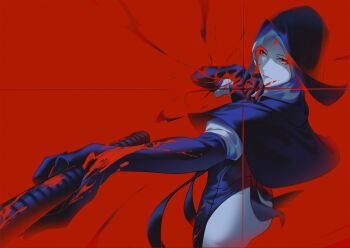 Rule 34 | 1girl, bayuh21, black capelet, black gloves, black hood, blood, blood on clothes, blood on face, capelet, commentary, cowboy shot, dress, dynamic pose, elden ring, elden ring nightreign, english commentary, gloves, highres, holding, holding mace, holding weapon, incoming attack, limited palette, looking at viewer, mace, nun, puffy sleeves, red background, red eyes, solo, undertaker (elden ring), weapon, white coif, white dress