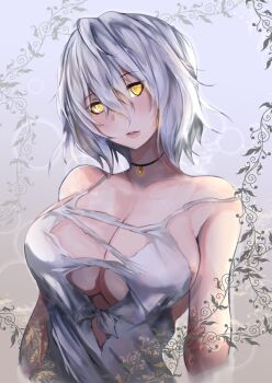 1girl artist_request bare_shoulders breasts choker cleavage code_vein dress io_(code_vein) large_breasts looking_at_viewer parted_lips short_hair silver_hair solo torn_clothes upper_body white_dress yellow_eyes
