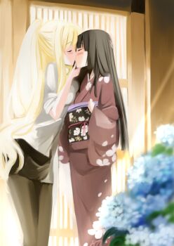 2girls black_hair blonde_hair blush closed_eyes commentary couple flower hand_on_another&#039;s_chin japanese_clothes kimono kirishima_shizuku kiss long_hair multiple_girls oeshura ponytail shitogi_eris skirt sono_hanabira_ni_kuchizuke_wo thighhighs very_long_hair yuri