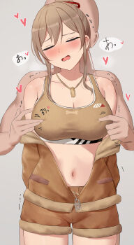 1boy 1girl absurdres amayo_thranana bald blush breasts brown_hair brown_sports_bra cleavage closed_eyes collarbone commentary_request dog_tags furen_e_lustario furen_e_lustario_(5th_costume) grey_background hetero highres large_breasts long_hair navel nijisanji nipple_stimulation nipple_tweak official_alternate_costume paid_reward_available partial_commentary ponytail simple_background solo_focus sports_bra standing stomach thighs variant_set virtual_youtuber