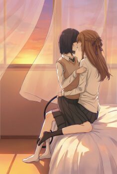 2girls bed black_hair black_skirt black_socks braid brown_hair brown_sweater_vest commentary curtains half_up_braid hashtag-only_commentary highres kiss long_hair long_sleeves mim120809 miyagi_shiori multiple_girls no_shoes pleated_skirt sendai_hazuki shirt short_hair shuuniichido_classmate_wo_kau_hanashi skirt socks straddling sweater_vest tail white_shirt white_socks yuri