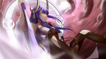 1girl alternate_costume armpits black_pantyhose blunt_bangs closed_mouth cloud cloudy_sky commentary english_commentary fake_horns feet foot_focus genshin_impact glowing hair_down headpiece highres holding holding_sword holding_weapon horns katana long_hair looking_down looking_to_the_side mole mole_under_eye pantyhose purple_eyes purple_hair raiden_shogun raiden_shogun_(magatsu_mitake_narukami_no_mikoto) red_background red_sky sitting sky solo sword torn_clothes upper_body weapon yoshioka_(user_zgdv8288)