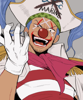 1boy ascot blue_hair buggy_the_clown commentary_request epaulettes eyelashes gloves grey_background hat looking_at_viewer makeup male_focus one_piece open_mouth pirate_hat red_nose shirt signature simple_background solo striped_clothes striped_shirt udaa_(ahirucook) upper_body white_gloves