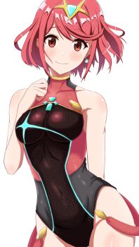1girl absurdres alternate_breast_size_(smaller) arm_behind_back armor black_gloves breasts closed_mouth core_crystal_(xenoblade) covered_collarbone covered_navel cowboy_shot earrings fingerless_gloves floating_earrings gloves glowing gold_trim hand_up highres impossible_clothes impossible_swimsuit jewelry kakukakusan looking_at_viewer medium_breasts medium_hair multicolored_swimsuit official_alternate_costume one-piece_swimsuit pyra_(pro_swimmer)_(xenoblade) pyra_(xenoblade) red_eyes red_hair sidelocks simple_background smile solo swept_bangs swimsuit tiara white_background xenoblade_chronicles_(series) xenoblade_chronicles_2