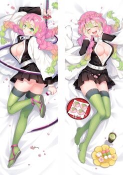 Rule 34 | 1girl, ^ ^, arm up, ass, bed sheet, belt, black skirt, braid, breasts, choker, cleavage, closed eyes, closed mouth, commentary request, cup, dakimakura (medium), dango, demon slayer uniform, dress, eyelashes, facing viewer, flower, food, full body, gradient hair, green eyes, green hair, green tea, green thighhighs, hair flower, hair ornament, hands on own cheeks, hands on own face, hands up, haori, happy, holding, holding sheath, holding sword, holding weapon, jacket, japanese clothes, kanroji mitsuri, kimetsu no yaiba, large breasts, leaf, leg up, long hair, long sleeves, looking at viewer, lying, miniskirt, mochi, moeanime, mole, mole under eye, multicolored hair, multiple braids, multiple views, on back, on bed, on side, open mouth, paper, partially unbuttoned, petals, petals on liquid, pink dress, pink flower, pink hair, plantar flexion, plate, pleated skirt, ribbon, sakura mochi, sandals, sanshoku dango, sash, scabbard, sheath, short dress, skirt, skirt set, smile, sword, sword writing, tea, thighhighs, tray, tri braids, tri tails, two-tone hair, unsheathed, wagashi, weapon, whip sword, white jacket, white thighhighs, wrist ribbon, yunomi, zettai ryouiki, zouri