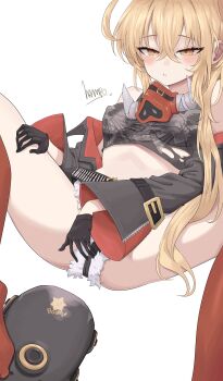 1girl absurdres bare_shoulders baseball_bat black_gloves black_jacket black_shirt blonde_hair blush breasts commentary_request covered_erect_nipples crop_top crossed_bangs fur-trimmed_shorts fur_trim gloves hair_between_eyes half-closed_eyes half_gloves hampo1219 hand_on_own_thigh highres jacket long_hair looking_at_viewer luciana_de_montefio lying mask metal_baseball_bat micro_shorts midriff off_shoulder on_back orange_eyes parted_lips respirator shirt shorts signature simple_background small_breasts solo spread_legs thighs torn_clothes torn_shirt white_background zenless_zone_zero