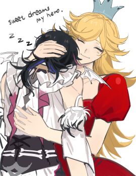 1boy 1girl absurdres babe_(jump_king) black_corset black_hair blonde_hair blue_hair closed_eyes closed_mouth commentary corset crown demon_wings detached_sleeves dress english_commentary english_text frilled_shirt frills fur_trim hand_on_another&#039;s_back hand_on_another&#039;s_head highres hug jump_king kayu_(yukagoin) long_hair multicolored_hair nijisanji nijisanji_en pink_hair puffy_sleeves red_dress shirt short_sleeves shu_yamino simple_background sleeping smile streaked_hair virtual_youtuber white_background white_shirt white_wings wings zzz