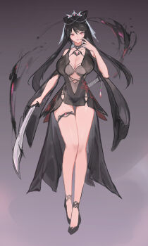 1girl absurdres black_dress black_hair black_shoes breasts chinese_commentary cleavage collarbone commentary_request criss-cross_halter dress grey_background halterneck highres holding holding_sword holding_weapon large_breasts long_hair original red_eyes see-through_clothes see-through_dress shoes simple_background solo sword thigh_strap weapon youlan