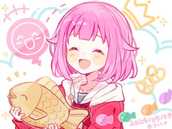 +++ 1girl 2024 :d ^_^ animal-themed_food blush cardigan center-flap_bangs chinese_commentary closed_eyes cohana collarbone commentary_request dated drawn_crown facing_ahead fish food grey_shirt hair_flaps hands_up holding holding_food hood hood_down hooded_cardigan long_sleeves miyamasuzaka_girls'_academy_school_uniform neckerchief ootori_emu open_cardigan open_clothes open_mouth pink_hair project_sekai puffy_long_sleeves puffy_sleeves red_cardigan red_neckerchief sailor_collar school_uniform shirt short_bangs short_hair simple_background smile solo sparkle spoken_expression tongue upper_body white_background white_hood white_sailor_collar