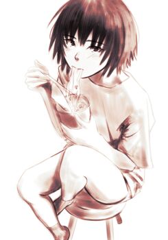 1girl absurdres alternate_costume amagami bar_stool black_eyes black_hair chopsticks instant_cup_noodles eating food foot_out_of_frame greyscale highres holding holding_chopsticks holding_food instant_cup_noodles instant_noodles knee_up light_blush looking_at_viewer monochrome nanasaki_ai noodles oshizu shirt short_hair simple_background sitting socks solo stool thighs white_background